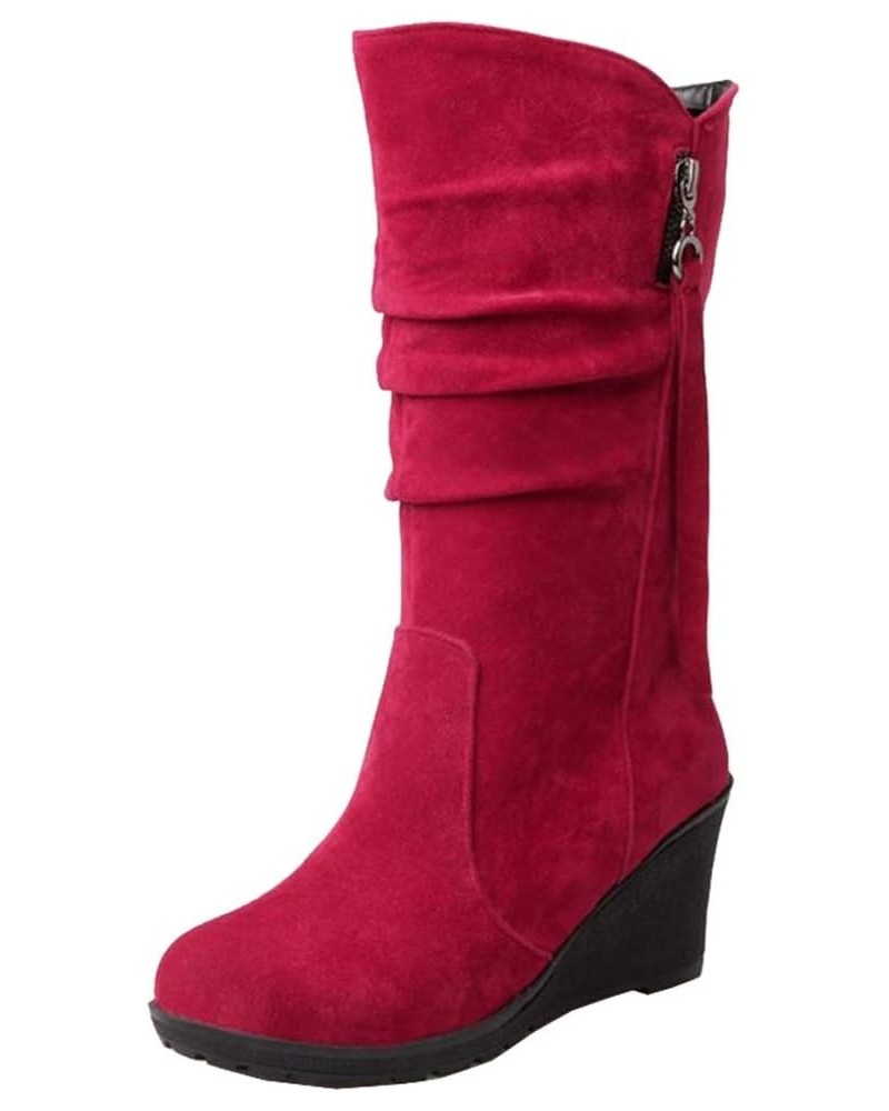 Casual Women Mid-Calf Wedge Boots Red $21.29 Boots