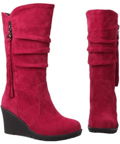 Casual Women Mid-Calf Wedge Boots Red $21.29 Boots