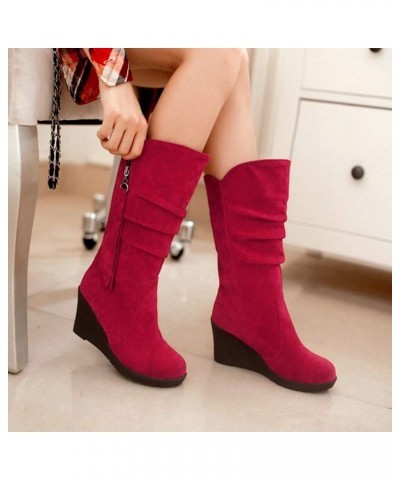 Casual Women Mid-Calf Wedge Boots Red $21.29 Boots