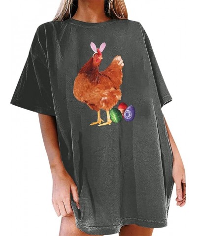 Super Fun Hen Wearing Rabbit Head Hoop with Easter Eggs Casual Round Neck Short Sleeve Long Sleeve Undershirts Grey $9.10 Ath...