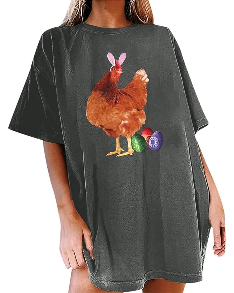 Super Fun Hen Wearing Rabbit Head Hoop with Easter Eggs Casual Round Neck Short Sleeve Long Sleeve Undershirts Grey $9.10 Ath...