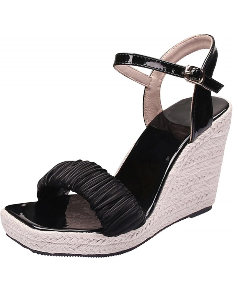 Summer Open Toe High Heel Women's Woven Thick Sole Wedge Sandals Buckled Roman Fashion Sandals Shoes for Women Black $15.37 S...