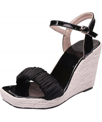 Summer Open Toe High Heel Women's Woven Thick Sole Wedge Sandals Buckled Roman Fashion Sandals Shoes for Women Black $15.37 S...