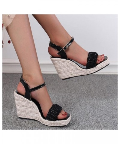 Summer Open Toe High Heel Women's Woven Thick Sole Wedge Sandals Buckled Roman Fashion Sandals Shoes for Women Black $15.37 S...