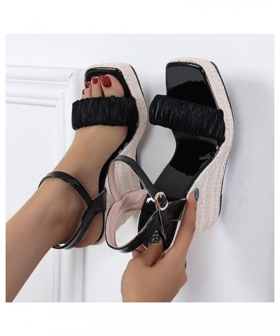 Summer Open Toe High Heel Women's Woven Thick Sole Wedge Sandals Buckled Roman Fashion Sandals Shoes for Women Black $15.37 S...