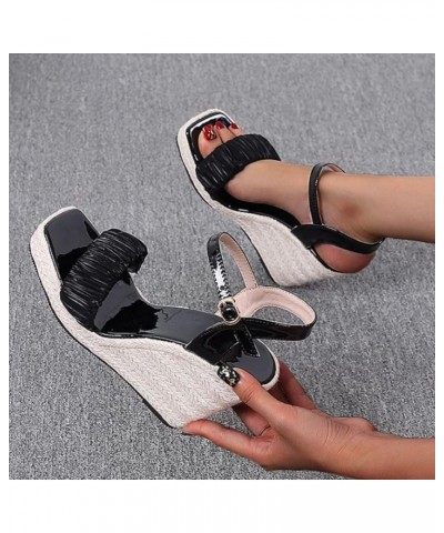 Summer Open Toe High Heel Women's Woven Thick Sole Wedge Sandals Buckled Roman Fashion Sandals Shoes for Women Black $15.37 S...