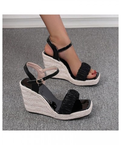 Summer Open Toe High Heel Women's Woven Thick Sole Wedge Sandals Buckled Roman Fashion Sandals Shoes for Women Black $15.37 S...