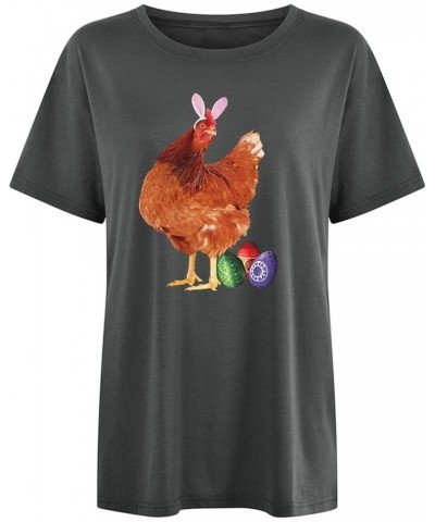 Super Fun Hen Wearing Rabbit Head Hoop with Easter Eggs Casual Round Neck Short Sleeve Long Sleeve Undershirts Grey $9.10 Ath...