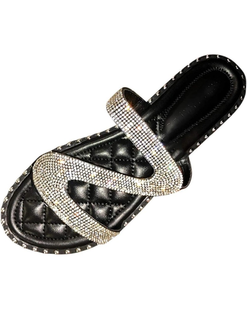 Silver Sandals Women Flat Black Sandal Women Dressy Open Toe Buckle Ankle Strap Sparkle Rhinestone Party Wedding Shoes 10 Bla...