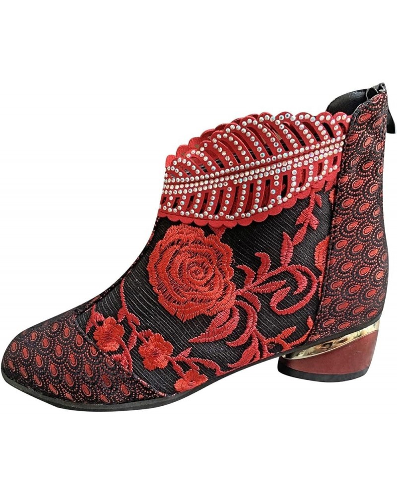 Women Ankle Booties Chunky Heel Retro Embroidered Rhinestone Block Boots Plus Size Cowboy Winter Shoes Outdoor Anti-Slip Walk...