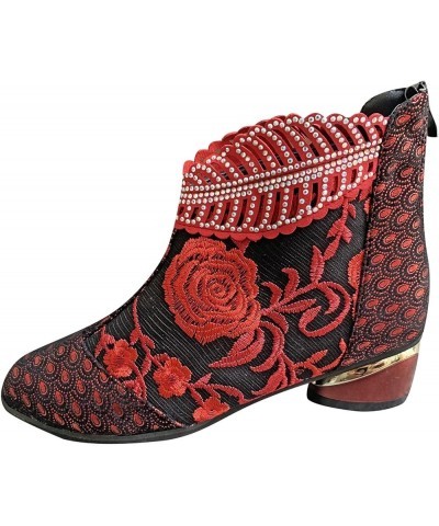 Women Ankle Booties Chunky Heel Retro Embroidered Rhinestone Block Boots Plus Size Cowboy Winter Shoes Outdoor Anti-Slip Walk...