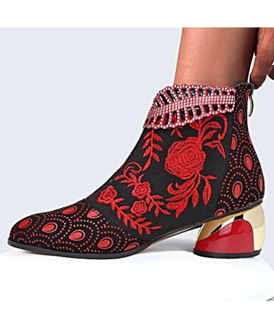 Women Ankle Booties Chunky Heel Retro Embroidered Rhinestone Block Boots Plus Size Cowboy Winter Shoes Outdoor Anti-Slip Walk...