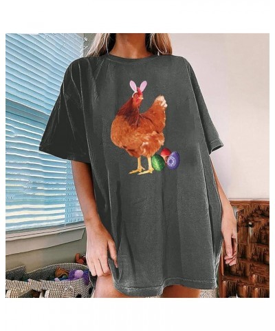 Super Fun Hen Wearing Rabbit Head Hoop with Easter Eggs Casual Round Neck Short Sleeve Long Sleeve Undershirts Grey $9.10 Ath...