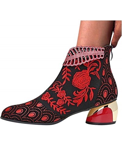 Women Ankle Booties Chunky Heel Retro Embroidered Rhinestone Block Boots Plus Size Cowboy Winter Shoes Outdoor Anti-Slip Walk...