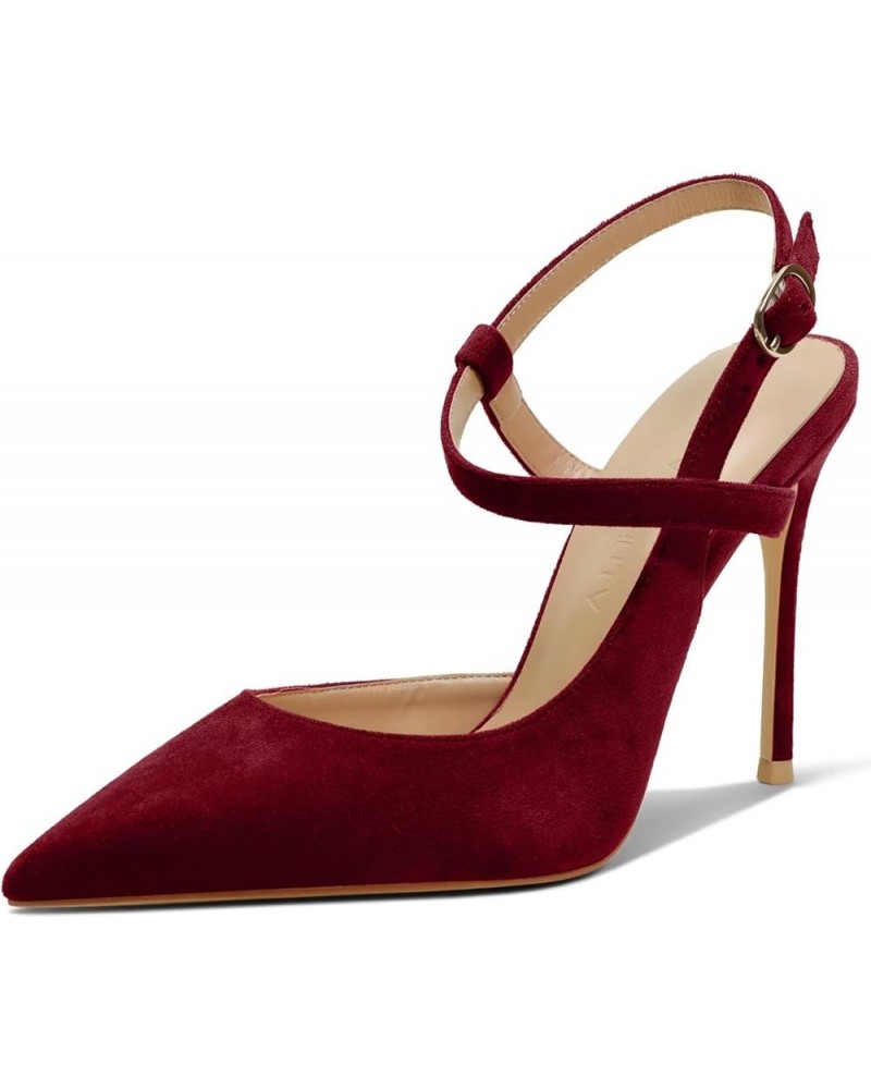 Women's pumps-high heel shoe-needle-pointed toe-buckle ankle strap 40-CHC-19 Burgundy L $26.32 Sandals