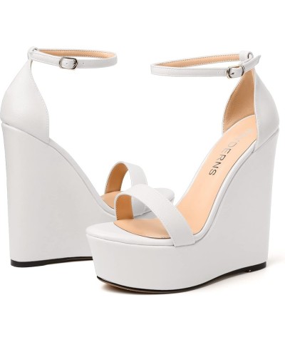 Womens Ankle Strap Solid Open Toe Platform Buckle Matte Wedding Sexy Wedge High Heel Heeled Sandals 6 Inch White $45.88 Sandals