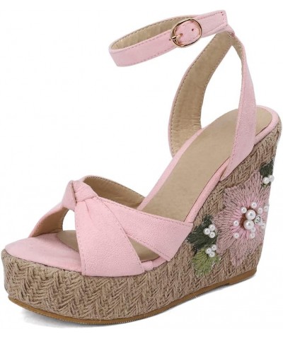 Women's Wedge Platform Espadille Cross Ankle Lacing Shoes Embroidered Sandals 004 Pink $28.79 Sandals