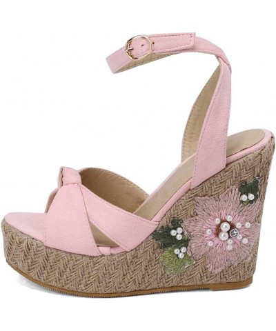 Women's Wedge Platform Espadille Cross Ankle Lacing Shoes Embroidered Sandals 004 Pink $28.79 Sandals