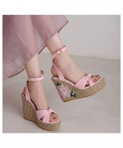 Women's Wedge Platform Espadille Cross Ankle Lacing Shoes Embroidered Sandals 004 Pink $28.79 Sandals