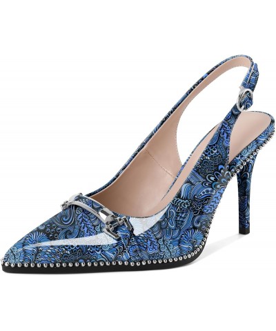 Women's Slingback Heels Pointed Toe Beaded High Heel Pumps 3.5 Inch Shoes US Size 5-13 Flower Blue $29.14 Pumps