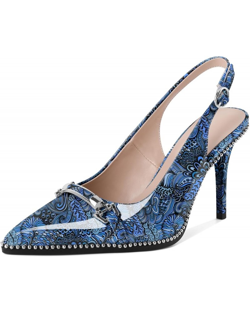 Women's Slingback Heels Pointed Toe Beaded High Heel Pumps 3.5 Inch Shoes US Size 5-13 Flower Blue $29.14 Pumps