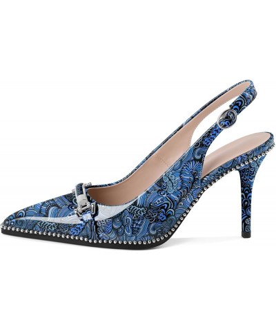 Women's Slingback Heels Pointed Toe Beaded High Heel Pumps 3.5 Inch Shoes US Size 5-13 Flower Blue $29.14 Pumps