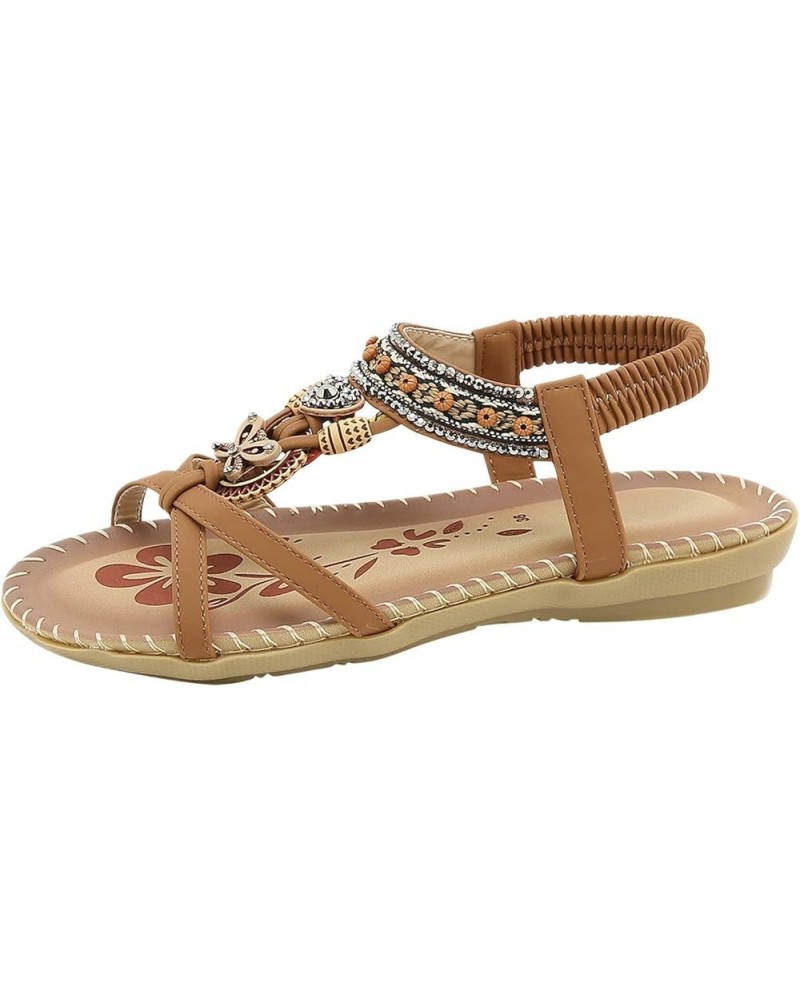 Women Bohemian Style Rhinestone Decor Wedge Sandals Open Toe Lace up Flat Sandals Elastic Band Non Slip Beach Brown 8.5 $19.5...