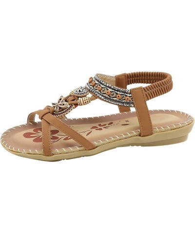 Women Bohemian Style Rhinestone Decor Wedge Sandals Open Toe Lace up Flat Sandals Elastic Band Non Slip Beach Brown 8.5 $19.5...