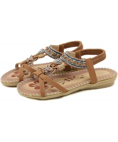 Women Bohemian Style Rhinestone Decor Wedge Sandals Open Toe Lace up Flat Sandals Elastic Band Non Slip Beach Brown 8.5 $19.5...