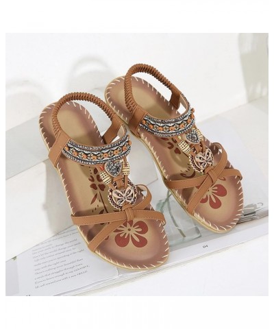 Women Bohemian Style Rhinestone Decor Wedge Sandals Open Toe Lace up Flat Sandals Elastic Band Non Slip Beach Brown 8.5 $19.5...