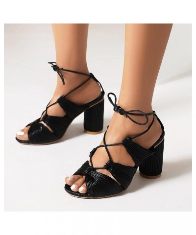 Women Summer Strappy Heels Bowknots Block Formal Womens Sandal Sparkly Lace Up Shoes for Party Wedding Prom Dance Aoj13-black...