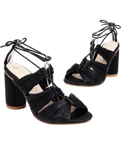 Women Summer Strappy Heels Bowknots Block Formal Womens Sandal Sparkly Lace Up Shoes for Party Wedding Prom Dance Aoj13-black...