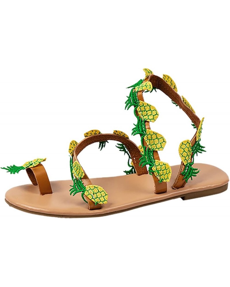 Women's Flat Sandals 2024 Women Summer Pineapple Decoration Flock Slip On Casual Open Toe Flat Soft Bottom Breathable Green $...