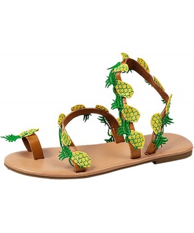 Women's Flat Sandals 2024 Women Summer Pineapple Decoration Flock Slip On Casual Open Toe Flat Soft Bottom Breathable Green $...