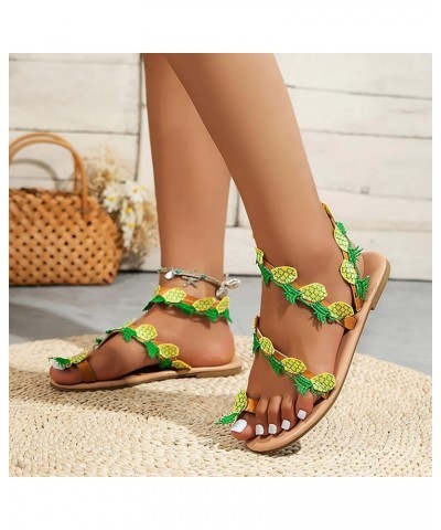 Women's Flat Sandals 2024 Women Summer Pineapple Decoration Flock Slip On Casual Open Toe Flat Soft Bottom Breathable Green $...