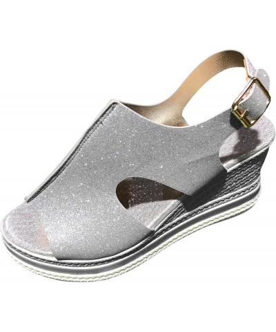 Wedge Sandals for Women casual summer Womens Sandals Buckle Sandals Platform Wedge Sandals Peep Toe Sandals Z 04-silver $13.6...