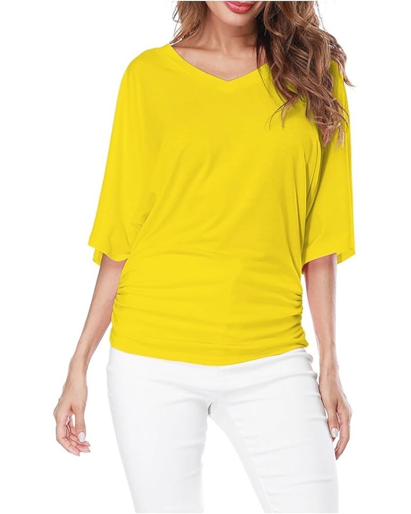 Plus Top V Neck Sleeve Batwing Loose T Shirt Fashion Size Fold Hem Women Solid Plus Size Tops Women Medium Shirts Yellow $11....