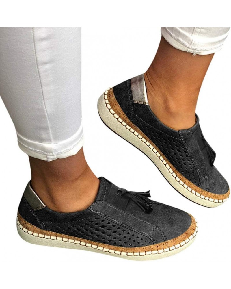 Flat Sneakers for Women Dressy Summer Toe Slip On Round Sandals Out Hollow Loafer Fringe Sandals Casual Slippers Black $20.16...