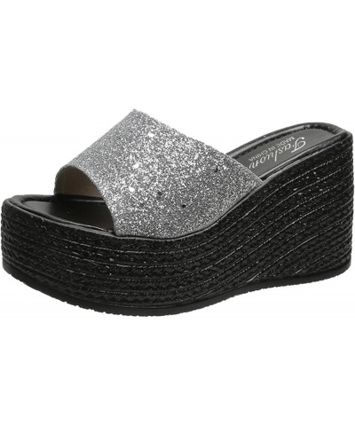 Memory Foam Womens Slippers Closed Back Mouth Casual Wedge Fashion Sequined Sandals Cute Slides for Women Rhinestones Silver ...