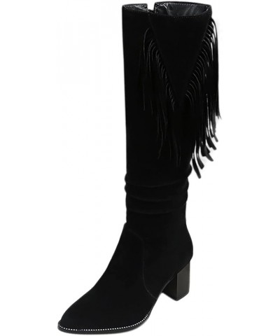 Women's Autumn and Winter European and American Retro Fashion Tassel Round Head Warm High Boots Half Boots Women C-black $25....