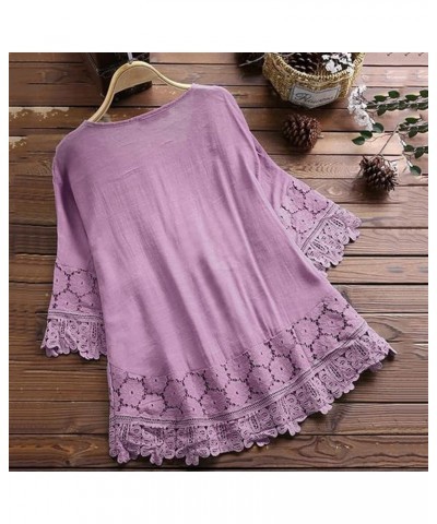 Women Linen Spring Summer Clothing Solid Button Back Ruffled Trim Blouse Casual Short Sleeve Blouse Tee Shirts for Purple-a $...