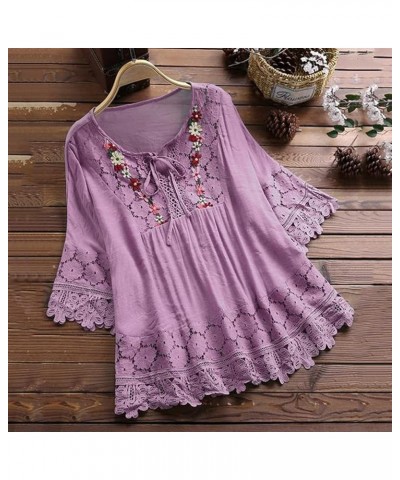 Women Linen Spring Summer Clothing Solid Button Back Ruffled Trim Blouse Casual Short Sleeve Blouse Tee Shirts for Purple-a $...