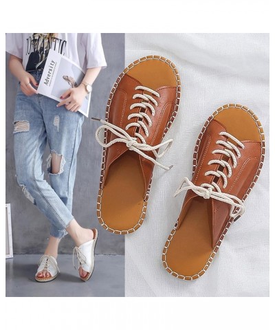 Women'S Leatehr Flat Sandals Casual Breathable Open Toe Handmade Rope Straps Slipper Summer Flat Beach Sandals Brown $22.54 S...