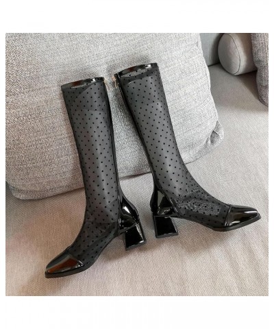 Womens Pointed Toe Block Heel Summer Mesh Boots Black Knee $35.32 Boots