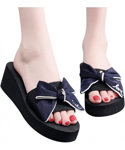 Breathable Open Toe Sandals for Women Bow Wedge Non-Slip Girls Heel Casual Slippers Women Thick Heel Women's Slipper (Blue, 8...