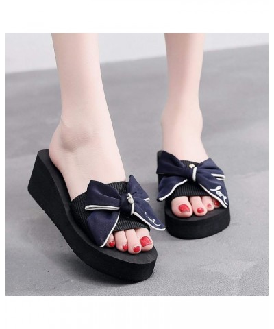 Breathable Open Toe Sandals for Women Bow Wedge Non-Slip Girls Heel Casual Slippers Women Thick Heel Women's Slipper (Blue, 8...