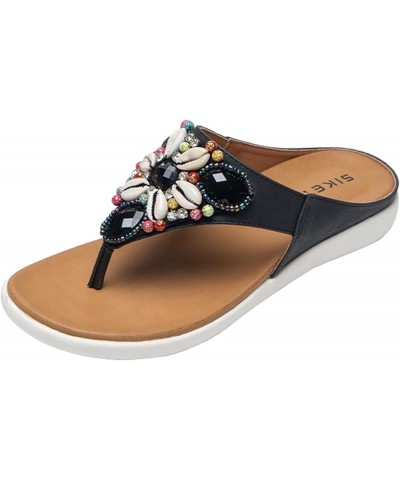 Women Sandals Summer Boho Casual Flat Ankle T-Strap Thong Elastic Comfortable Flip Flops Beach Shoes Sandal Black $20.37 Sandals