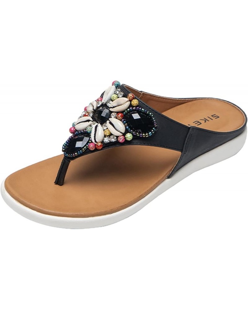 Women Sandals Summer Boho Casual Flat Ankle T-Strap Thong Elastic Comfortable Flip Flops Beach Shoes Sandal Black $20.37 Sandals