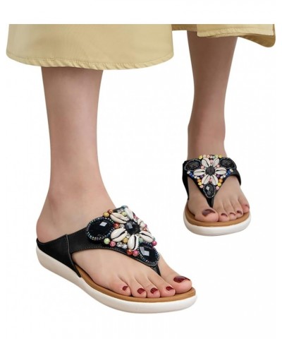 Women Sandals Summer Boho Casual Flat Ankle T-Strap Thong Elastic Comfortable Flip Flops Beach Shoes Sandal Black $20.37 Sandals