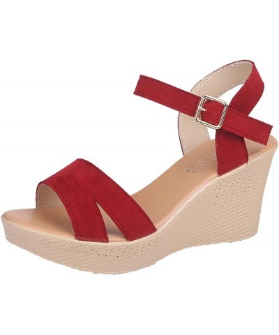 Casual Wedges Sandals for Women Peep Toe Buckle Strap Pumps Comfortable Hollowing out Platform Summer Shoes Wine Red $26.36 S...